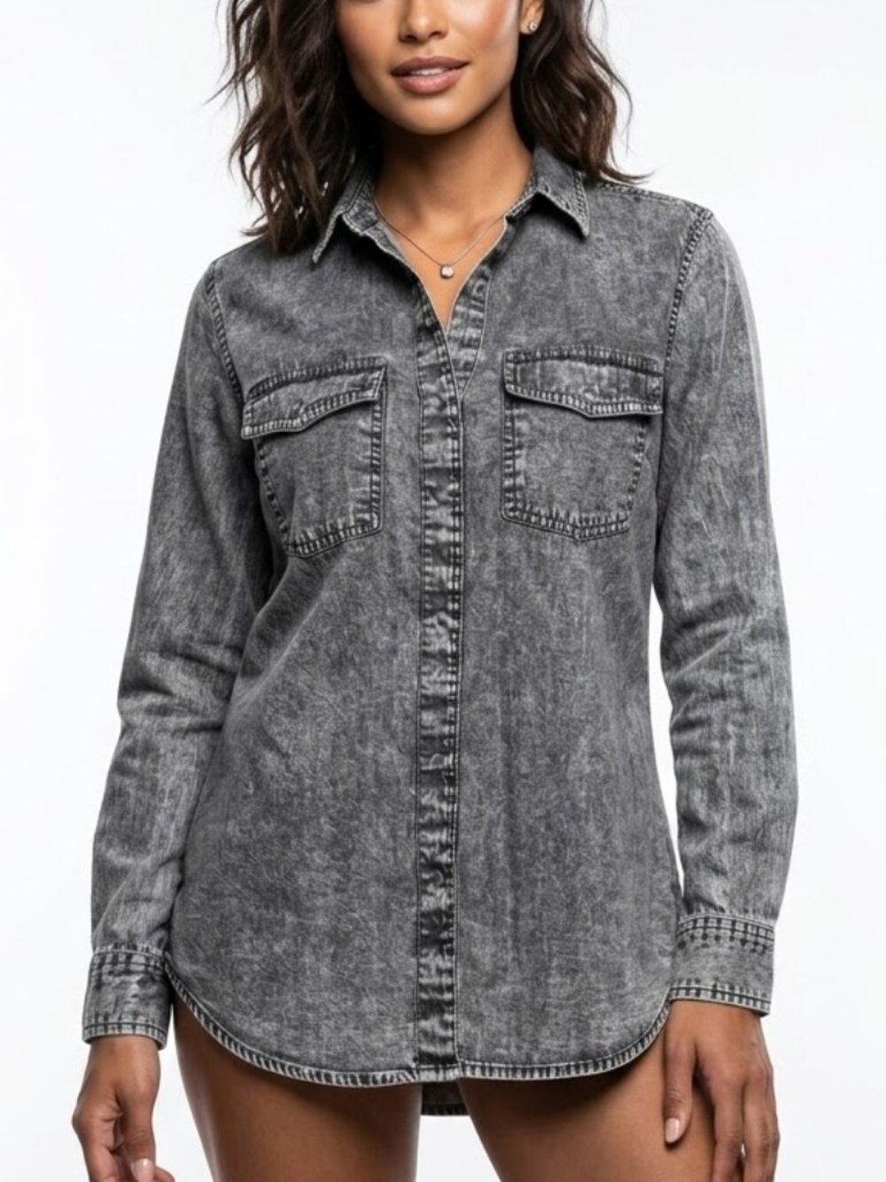 Rock & Republic Grunge Acid Wash Grey Denim Long Sleeve Button Down Shirt S